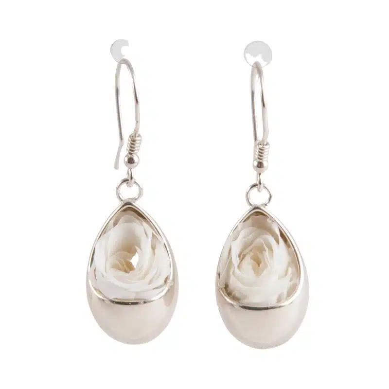 Boucles d'oreilles Goutte d'eau avec rose blanche