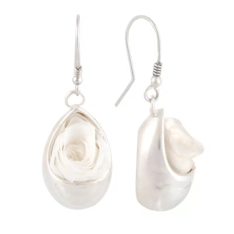 Boucles d'oreilles Goutte d'eau avec rose blanche