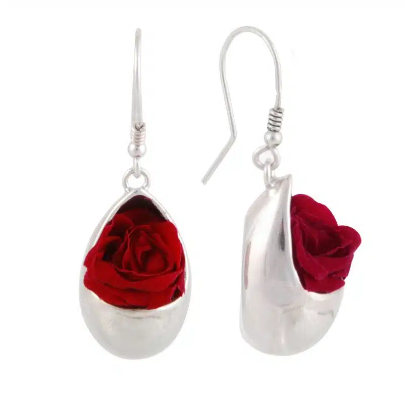 Boucles d'oreilles Goutte d'eau avec rose rouge