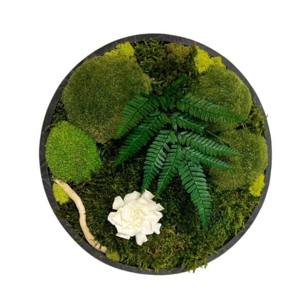 Tableau végétal rond 40 cm avec du feuillage, de la mousse, du bois et un gardenia blanc