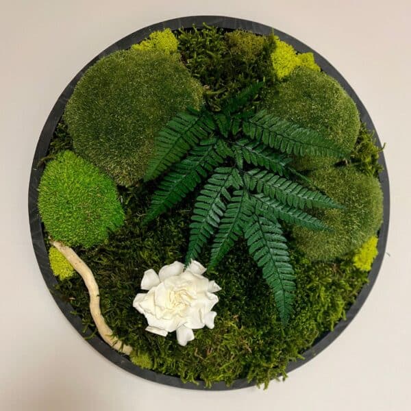 Tableau végétal rond 40 cm avec du feuillage, de la mousse, du bois et un gardenia blanc
