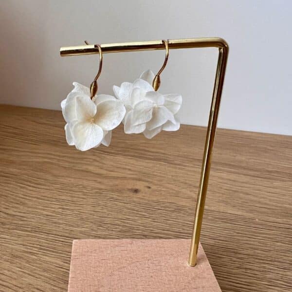 Les boucles Marisa dévoilent de véritables pétales d’hortensia blanc stabilisé suspendus à des crochets dorés. Un bijou délicat, aérien et 100 % naturel.