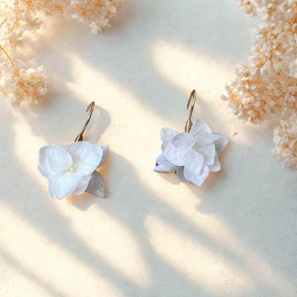 Les boucles Marisa dévoilent de véritables pétales d’hortensia blanc stabilisé suspendus à des crochets dorés. Un bijou délicat, aérien et 100 % naturel.