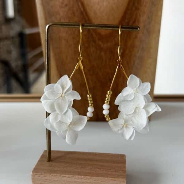 Les boucles d’oreilles Fanny dévoilent toute la délicatesse de l’hortensia blanc stabilisé dans une création aérienne et lumineuse.