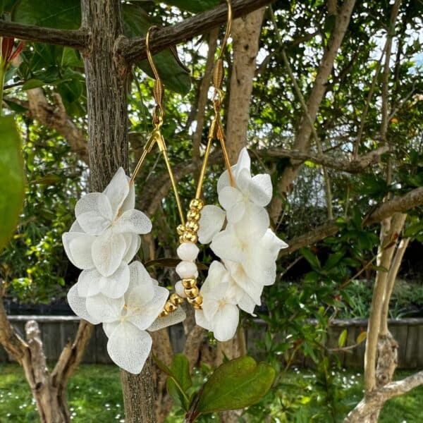 Les boucles d’oreilles Fanny dévoilent toute la délicatesse de l’hortensia blanc stabilisé dans une création aérienne et lumineuse.